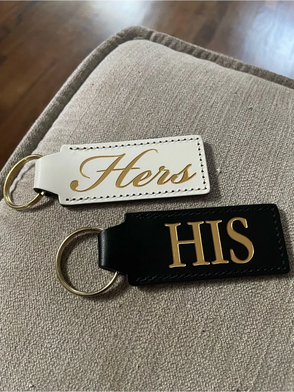 Leather 'His' and 'Hers' Keychain Set - Black & White with Gold Lettering
